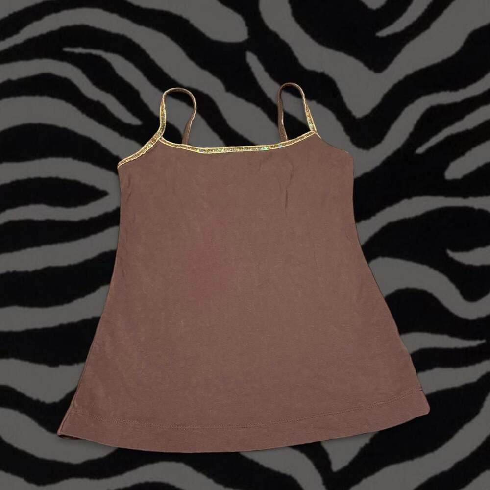 Vintage Y2K F.A.N.G Brown Cami Top with Gold Sequin Trim, Size L
